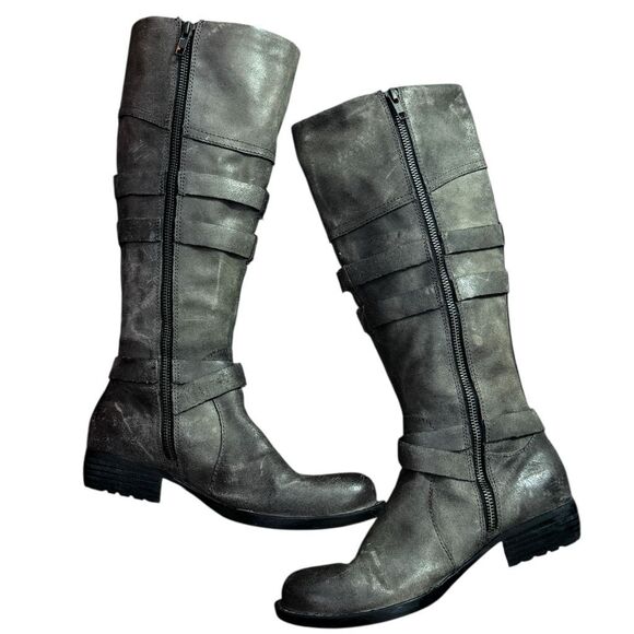 BORN Odom Leather Tall Riding Boots Gray Brown Distressed Buckle Strap Detail Wo - Picture 2 of 7